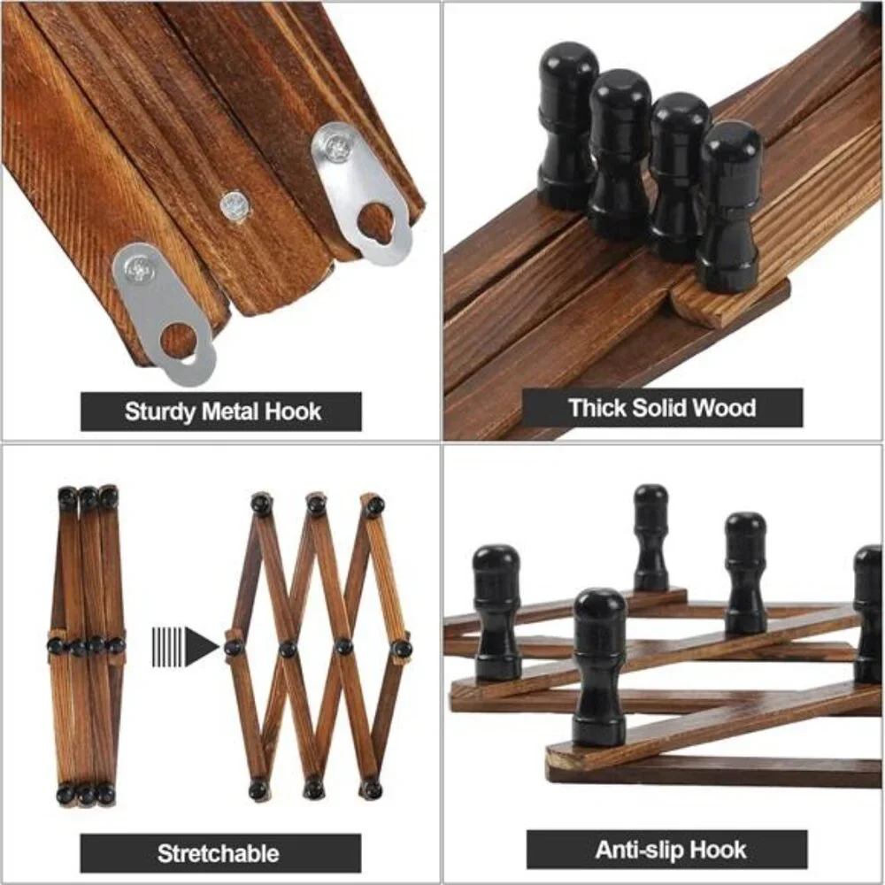 Expandable Brown Wood Wall Rack with Black Pegs - Versatile Coat & Hat Organizer